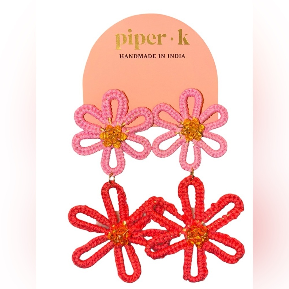 PIPER K Handmade in India Fabric Floral Flowers Drop Dangle Earrings NEW NWT